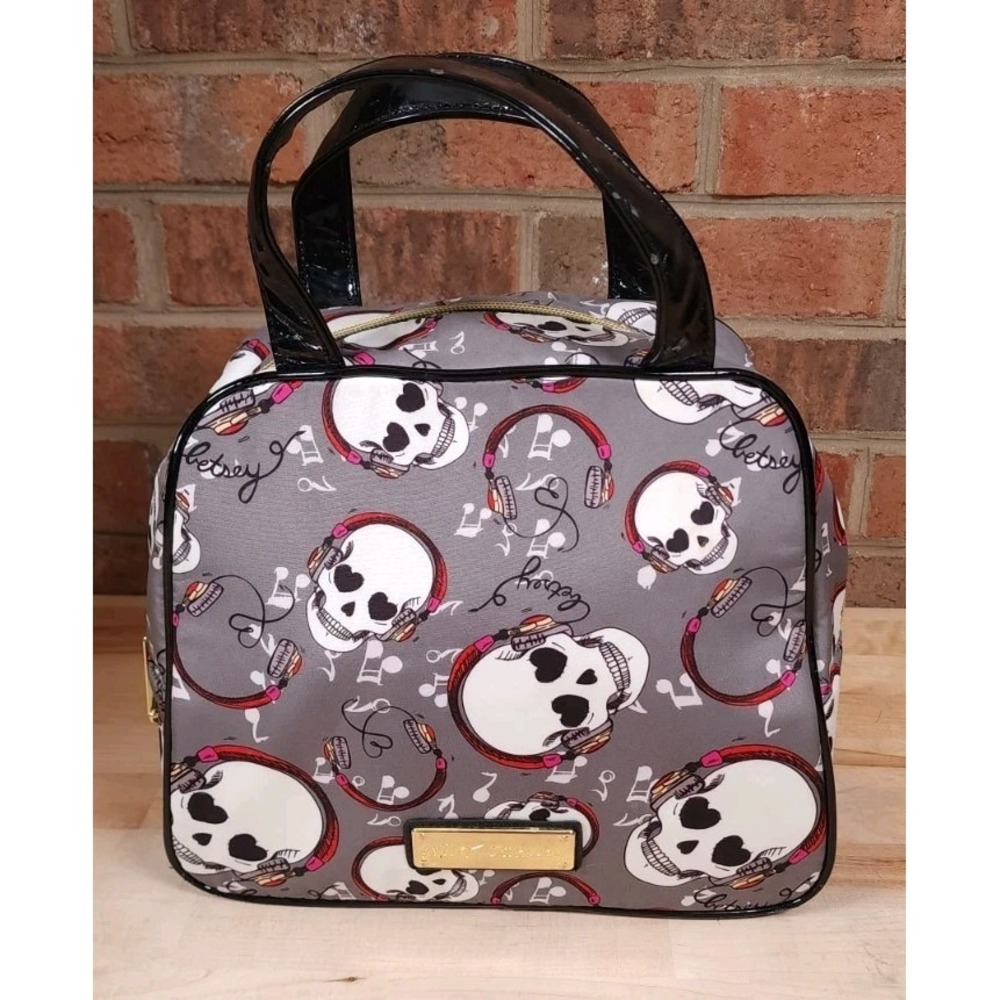 Betsey Johnson Gray Red Skull Headphones Cosmetic Travel Bag